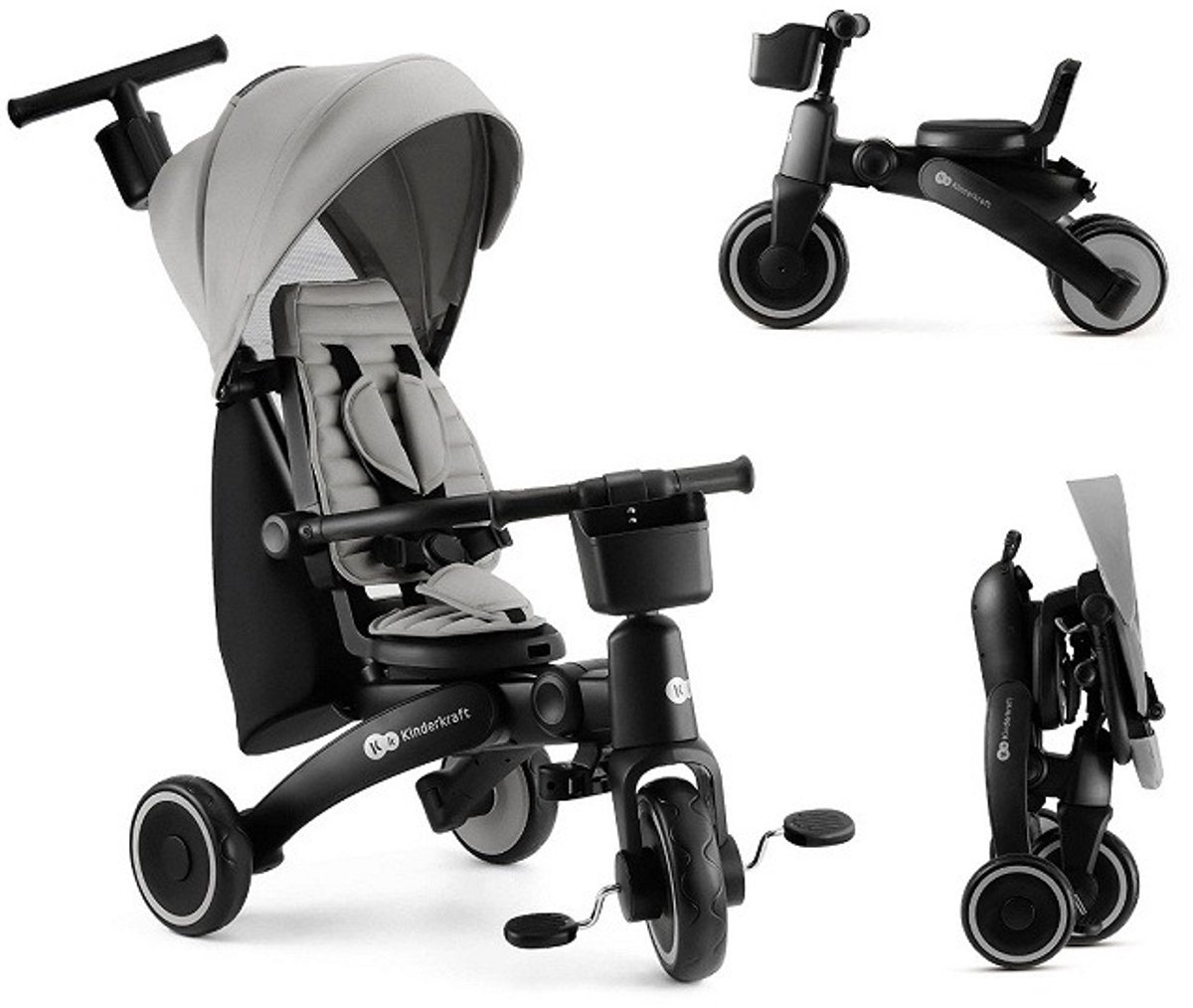 Kinderkraft JAZZ 2 5‑in‑1 Driedelig Kinderdriewieler – Inklapbaar & Lichtgewicht – 360° Draaibare CLICK&TWIST Stoel – Verstelbaar Oudergreep & Zonnekap – Voor kinderen van 9 maanden tot 5 jaar – Grijs